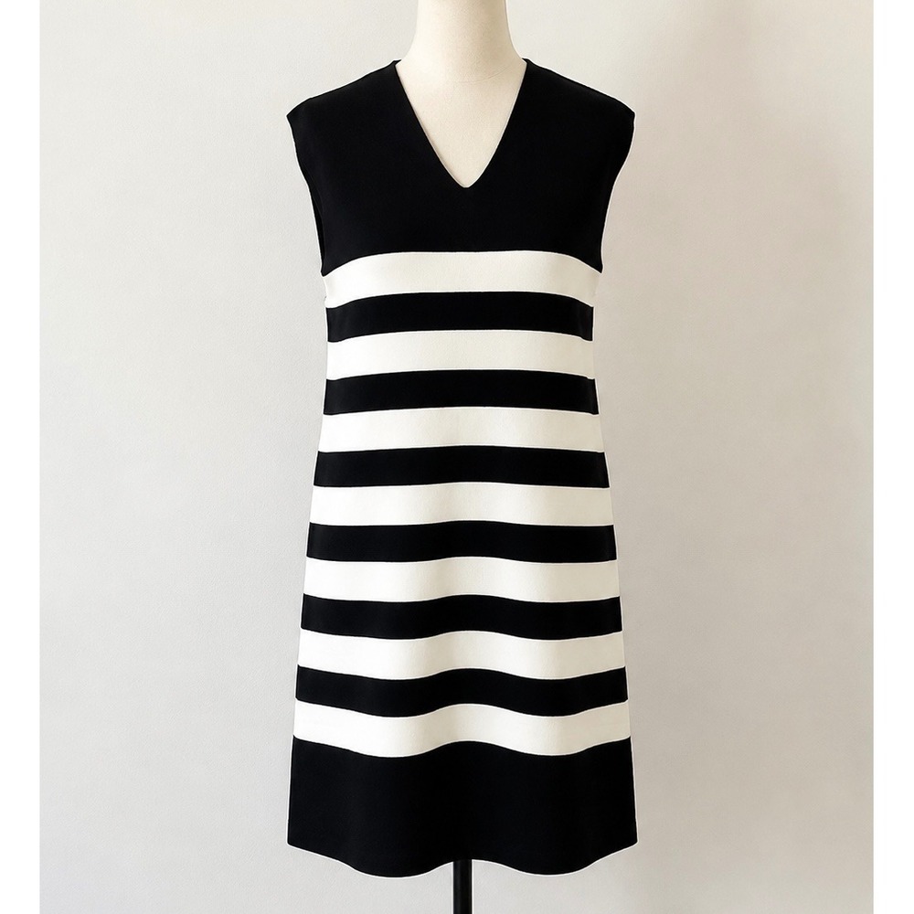 PrettyGarden Striped Dress Women M Black White V-Neck Sleeveless Mod Retro Chic